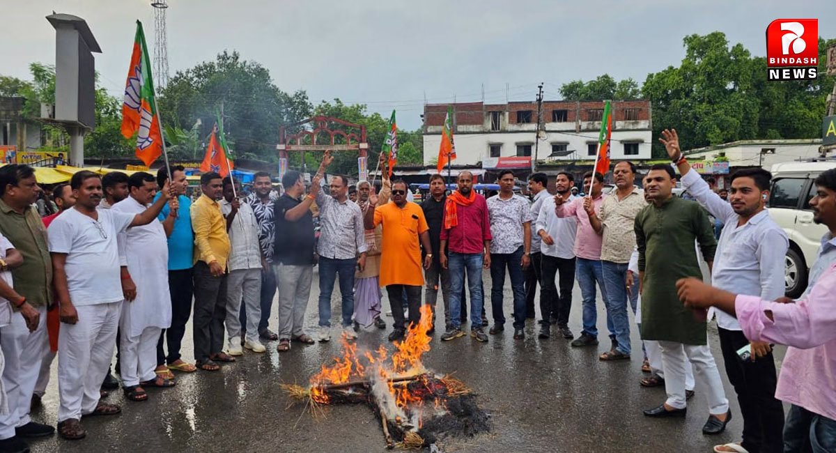 भाजयुमो कार्यकर्ताओं ने हेमंत सरकार का पुतला फूंका